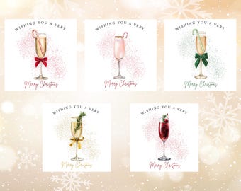 Pack of 5/10 Christmas Cards - Festive Christmas Drinks - Champagne - Prosecco - Cocktails