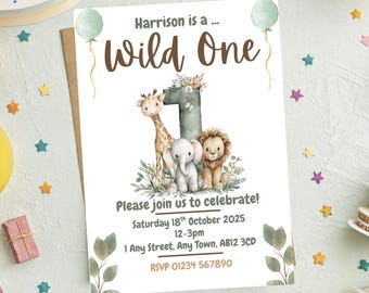 May include: A birthday invitation with the text "Harrison is a Wild One." The invitation features illustrations of a giraffe, elephant, and lion. The invitation also includes the date, time, and location of the party.