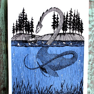 May include: A black and white illustration of a sea monster with a long neck and a scaly body. The monster is emerging from the water, which is a blue color. There are trees on the shore in the background.