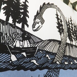 May include: Black and white illustration of a large, serpentine creature with a head resembling a dinosaur, emerging from a body of water. A small boat with two people rowing is in the foreground.