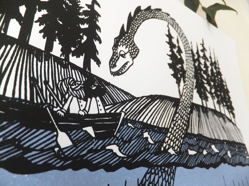 May include: Black and white illustration of a large, serpentine creature with a head resembling a dinosaur, emerging from a body of water. A small boat with two people rowing is in the foreground.