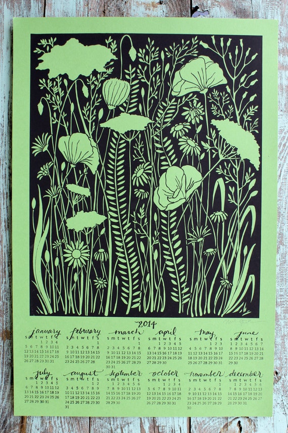 Items similar to SALE- Flower Screen Print 2014 Calendar Hungry Fox ...