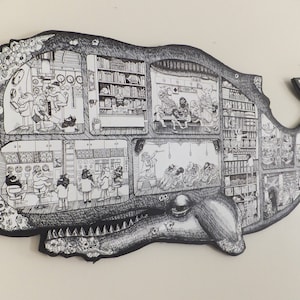 May include: A black and white illustration of a whale with a detailed interior. The whale is divided into sections, each depicting a different scene. The scenes include a library, a kitchen, a dining room, and a bedroom. The whale is surrounded by flowers and other decorative elements.
