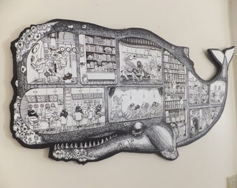 Large Whale Men Submarine Cutaway Screen print Illustration Cross Section
