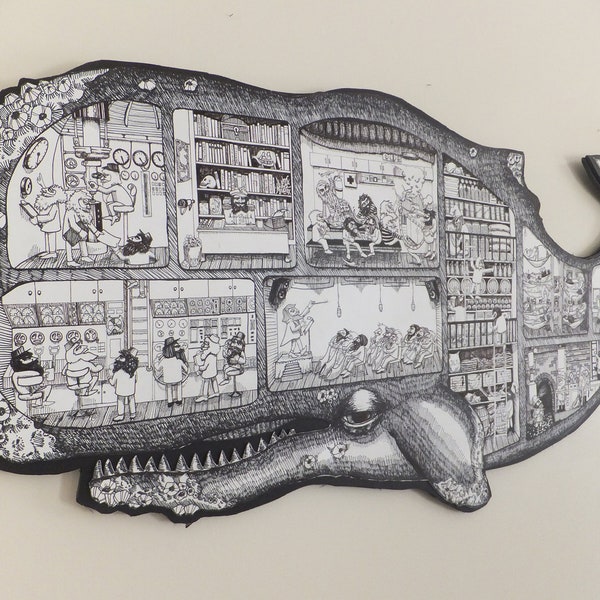 Large Whale Men Submarine Cutaway Screen print Illustration Cross Section