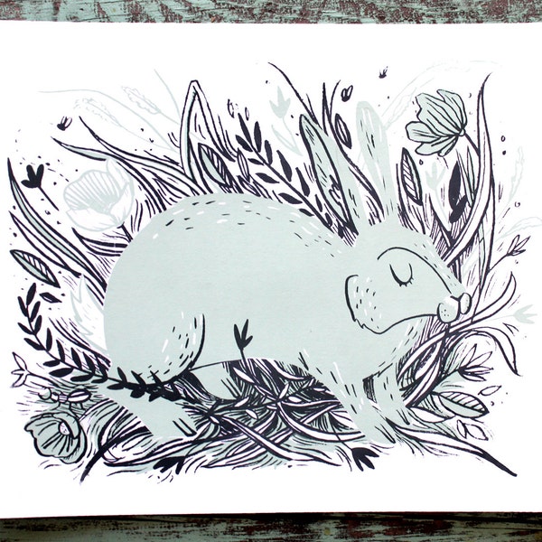 SALE! Blue Rabbit in Wildflowers in field Screen Print 11x14