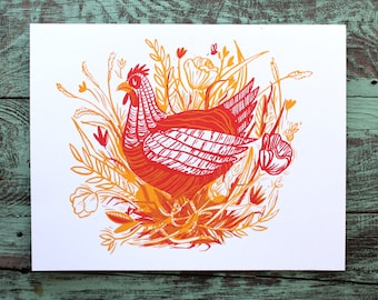 Chicken Flowers in Field Screen Print Yellow and Red