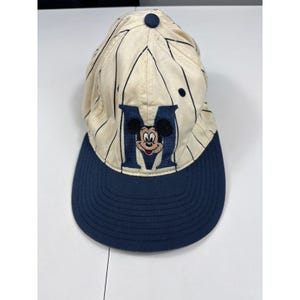 Vintage Disney Mickey Mouse Snapback Hat Pinstripe Baseball Core Navy Cream