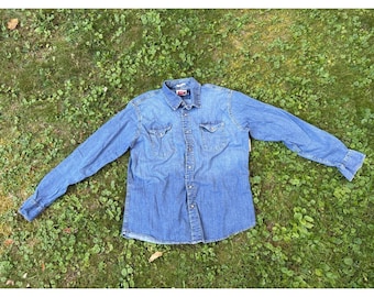 Vintage jaren 90 Wrangler Pearl Snap western denim overhemd heren L Made USA