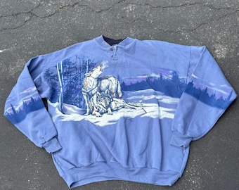 Vintage Art Unlimited Wolf Sweatshirt XXL Made USA Wildlife Graphic Blue 90s