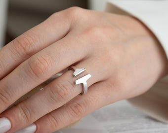 Gold Pilot Gift Adjustable Airplane Ring, Minimalist Flight Crew Jewelry (Sizes 5-9, 14K Gold Plated, Handmade Sterling Silver)
