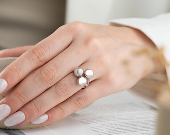 Bubble Cluster Ring - Three Ball Statement Jewelry - Mixed Textures, Sterling Silver, 14K Gold Plated, Gift For Her