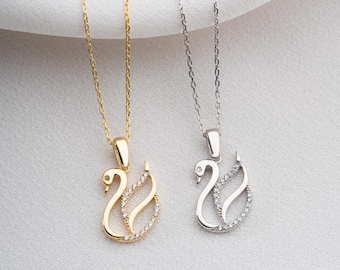 Swan Necklace in 925 Sterling Silver, Zircon Stone Swan Pendant with Gold or Silver Finish