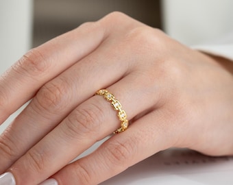 Gold Plated Sterling Silver Chain Link Ring: Adjustable Zircon Band
