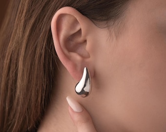 Chunky Teardrop Earrings, Minimal Gold Hoop Style, 925 Sterling Silver Sculptural Earrings