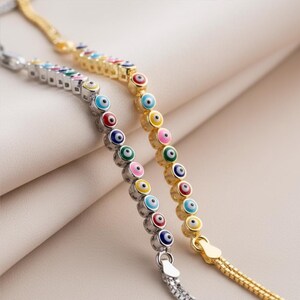 Rainbow Evil Eye Bracelet, 925 Sterling Silver or 14K Gold Plated, Colorful Pride Jewelry, LGBT Gift, Adjustable Lucky Bracelet