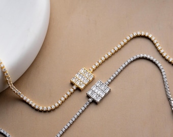 Baguette Bracelet Gold Plated: Adjustable Tennis Style, Dainty CZ Stones | 925 Sterling Silver, Elegant Gift Boxed | Slider Closure