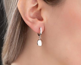 Ball Drop Hoop Earrings - Minimalist Dangle Jewelry - Gold Plated Sterling Silver, Lightweight, Gift Ready