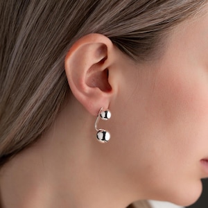 Sterling Silver Double Ball Ear Jacket Earrings, Modernist Jewelry