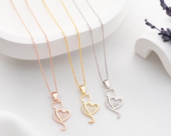 Cat Heart Necklace - 925 Sterling Silver, 14K Gold & Rose Gold Plated, Dainty Kitty Pendant, Cute Cat Lover Gift Jewelry for Women