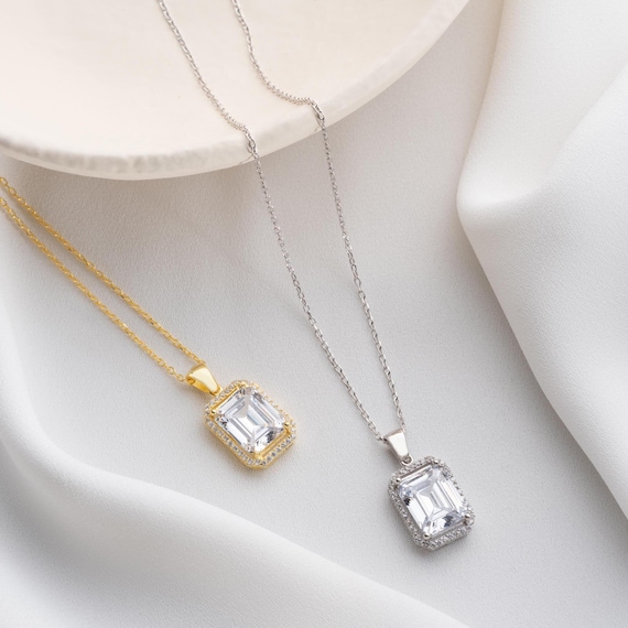 Emerald Cut Halo Necklace, Classic CZ Pendant, 925 Sterling Silver