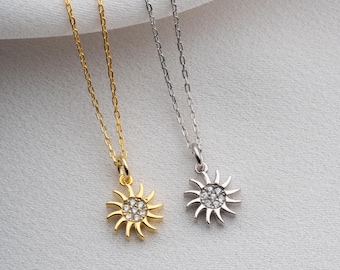Sun Necklace in 925 Sterling Silver, Zircon Sun Pendant Jewelry Gift for Women, Minimal Dainty Necklace