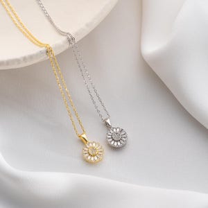 Art Deco Daisy Necklace, Baguette CZ Pendant, Sterling Silver