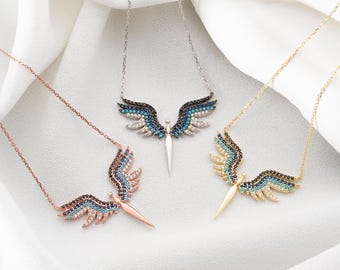 Archangel Michael Angel Wings Necklace, 925 Sterling Silver Jewelry, 14K Gold Plated, Pavé CZ Stones, Guardian Angel Pendant Gift for Her