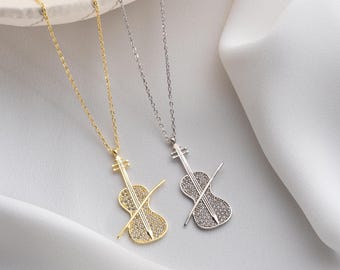 Diamond Violin Necklace, Cellist Gift, Musician Jewelry, Violinist Pendant, Music Teacher Orchestra Recital Gift, Happy Teacher Day Gift