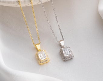 Emerald Cut CZ Necklace, Baguette Halo Pendant in Sterling Silver or Gold Plated