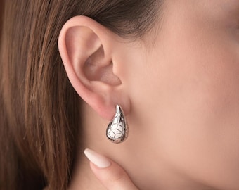 Chunky Water Drop Earrings Statement, Gold Teardrop Hoops with Zircon Accents (925 Sterling Silver, Push Back Closure)