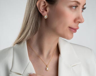 Emerald Cut Zircon Jewelry Set: Delicate Halo Design - Gold Plated 925 Sterling Silver, Bridal Shower Gift, Luxury Wedding Accessory