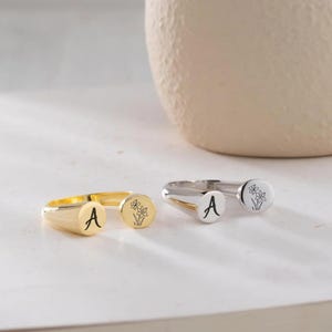 Personalized Birth Flower Ring | Sterling Silver Initial Signet