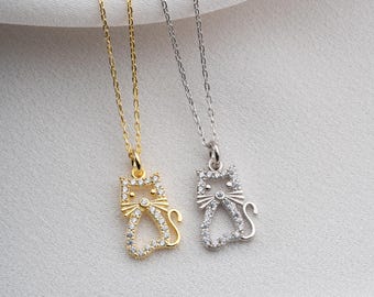 Dainty Cat Necklace, Sterling Silver Kitty Pendant, Pet Memorial Gift, Cat Mom Jewelry, Cubic Zirconia Animal Charm, Minimalist Gift for Her
