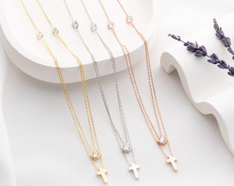 Double Layer Cross Necklace Minimalist Faith Pendant, Sparkling Zirconia (18-22in Adjustable, 925 Sterling Silver, Gold Plated)