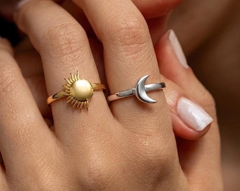 Sterling Silver Sun Moon Rings, 14K Gold Plated Celestial Set, Boho Stacking Jewelry