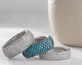 Luxury Full Eternity Ring Sterling Silver, Turquoise Inlay Pave Band (US Sizes 5-11, Cubic Zirconia, Handmade 925 Silver Jewelry)
