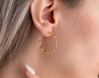 Wavy Hoop Earrings, Sterling Silver & 14K Gold Plated, Minimalist Everyday Hoops, Modern Statement Earrings, Gift for Her