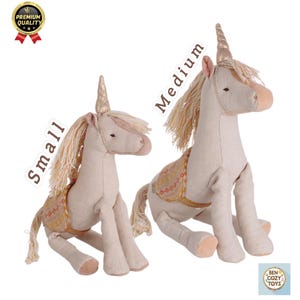Handmade Linen Unicorn Plush Toy: Stitched Mane, Removable Saddle
