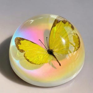 Könnte beinhalten: Ein gelber Schmetterling, der in einem transparenten, irisierenden Glasbriefbeschwerer eingeschlossen ist. Der Schmetterling hat gelbe Flügel mit braunen Rändern und schwarze Fühler. Der Briefbeschwerer hat eine runde Form und reflektiert einen Regenbogen an Farben.