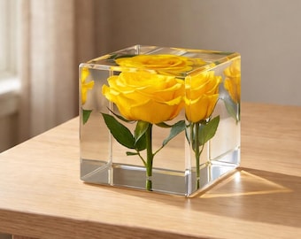 Mother's Day Gift, Eternal Yellow Rose Resin Cube, Preserved Real Flower Gift, Custom Engraved LED Wooden Base, Custom Engraved Floral Gift