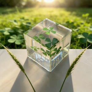May include: A clear, square resin paperweight encases several green four-leaf clovers. The paperweight is set against a backdrop of green grass and sunlight, with two stalks of wheat in the foreground.