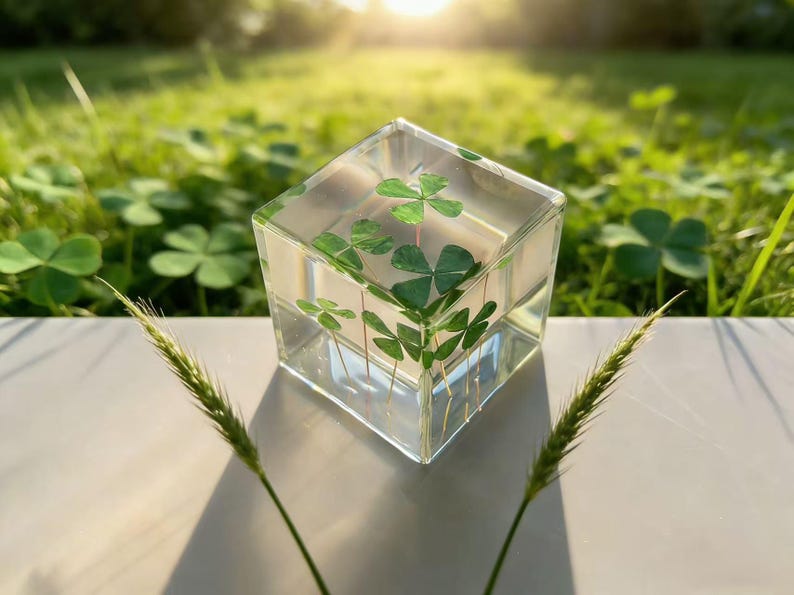 May include: A clear, square resin paperweight encases several green four-leaf clovers. The paperweight is set against a backdrop of green grass and sunlight, with two stalks of wheat in the foreground.