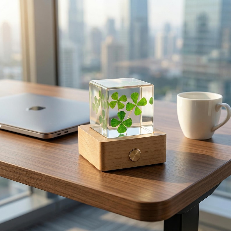 May include: A clear, cube-shaped decorative piece with four-leaf clovers encased within, set atop a wooden base. The base has a small, round, gold-colored button. A white mug and a closed laptop are also on the wooden surface.