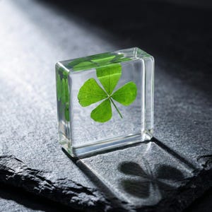 May include: A clear, rectangular resin block encasing a vibrant green four-leaf clover. The clover is centered within the block, casting a shadow on the dark, textured surface below. The image is well-lit, highlighting the clover's details.