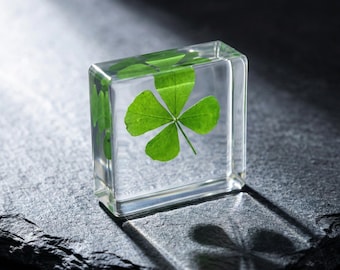 Regalo para el Día de la Madre, decoración de resina con trébol de cuatro hojas auténtico, bloque de trébol de la suerte transparente, recuerdo de la naturaleza transparente, adorno minimalista para escritorio.