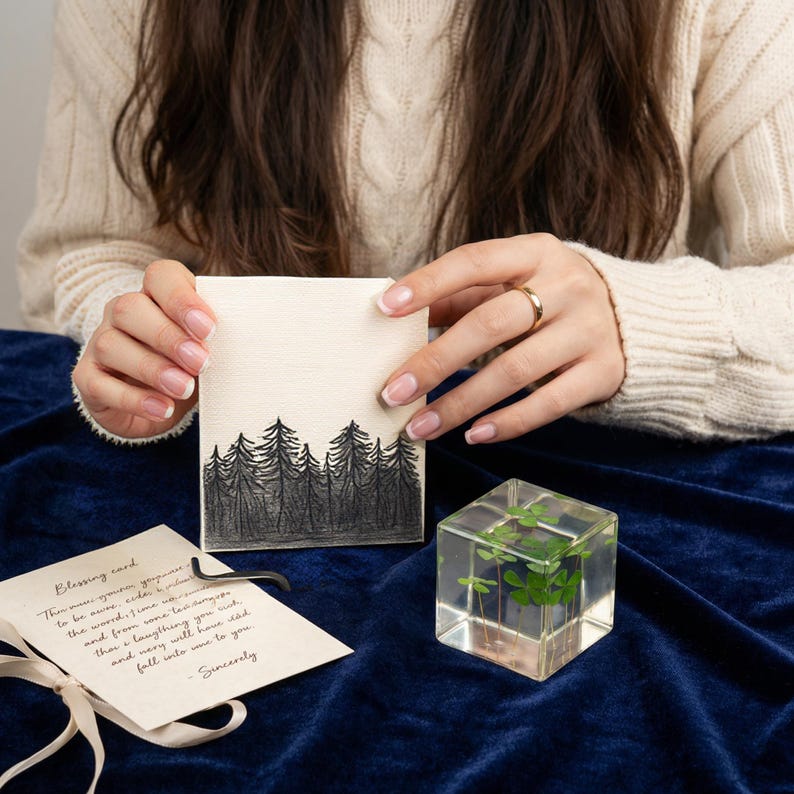 May include: A square, clear resin block encases four-leaf clovers. A cream-colored card with a black forest illustration is held in front of a person. A second card with text and a ribbon is also present.