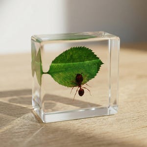 May include: A clear resin cube encases a vibrant green leaf and a reddish-brown ant. The leaf's intricate details and the ant's form are preserved within the transparent block, creating a unique decorative piece.