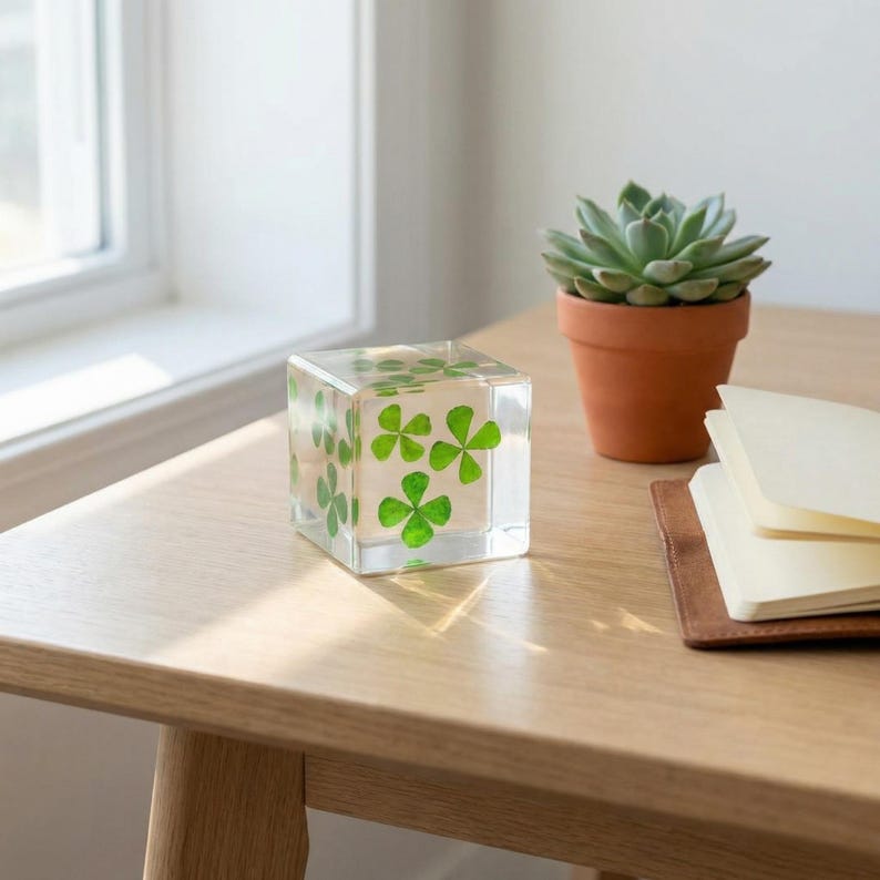 May include: A clear, square resin paperweight with embedded green four-leaf clovers. The paperweight sits on a light wood table, next to a small potted succulent and a notepad. The cube is approximately 2.5 inches on each side.