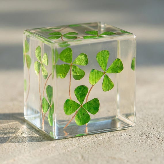 Unique Gift Idea for Mom, Four Leaf Clover Resin Cube 2x2 Inches, Real Preserved Clover Handmade Desk Decor,  Gift for Office or Colleague